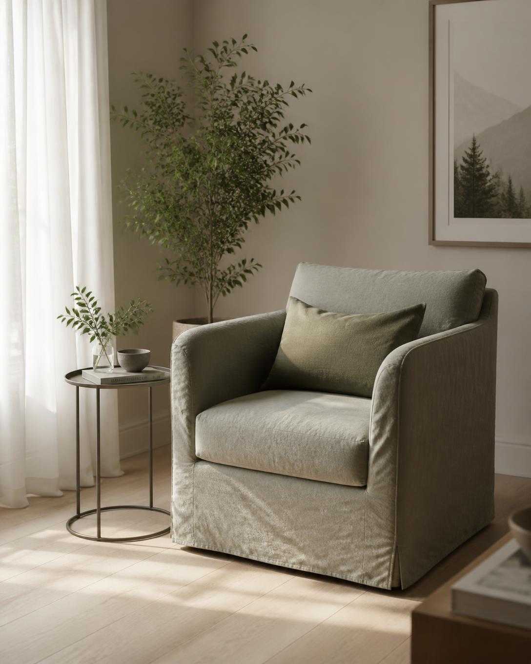 A sunlit therapy room with a soft armchair, plant and warm afternoon light